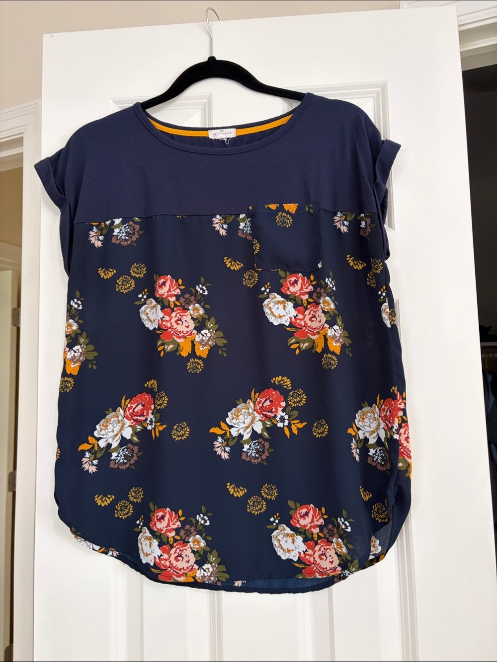 Women's Navy Floral Mixed-Media Blouse